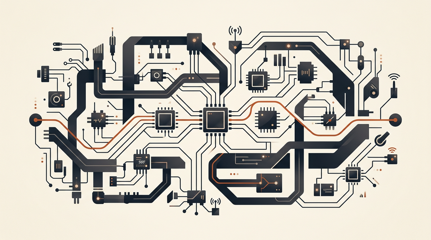 Minimalist abstract illustration of integrated microchips and circuit nodes in charcoal and burnt orange.