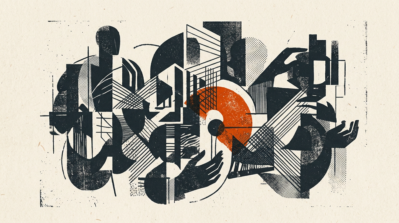 Abstract editorial vector art featuring charcoal shapes and burnt-orange accents on an off-white background.