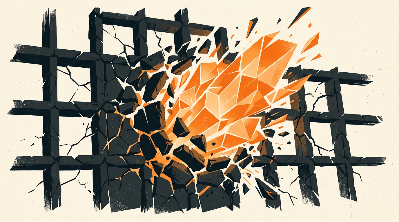 Abstract illustration of a burnt orange geometric form breaking through a dark charcoal grid on a textured off-white background.