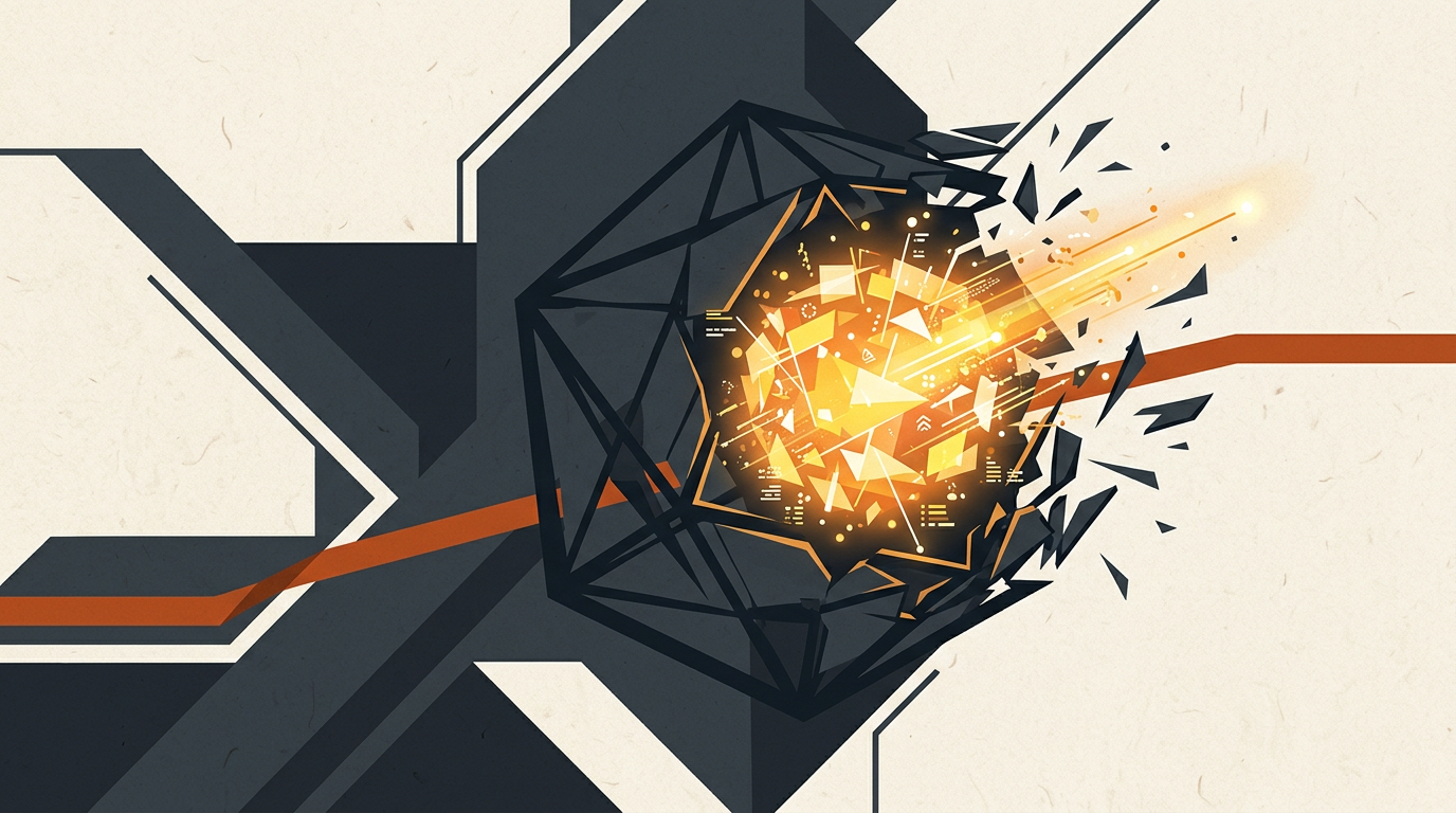 Abstract illustration of a geometric box with a burnt-orange line escaping charcoal boundaries on a warm off-white background