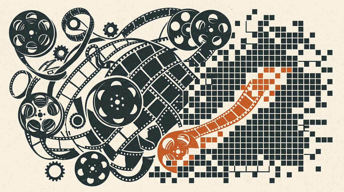 An abstract vector illustration showing overlapping film reels and digital nodes on a muted background with burnt-orange accents.