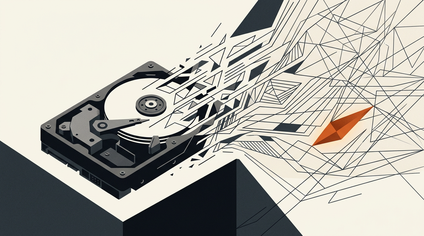 Abstract vector artwork showing a minimalist storage drive shape transitioning into fine lines in charcoal and burnt orange.