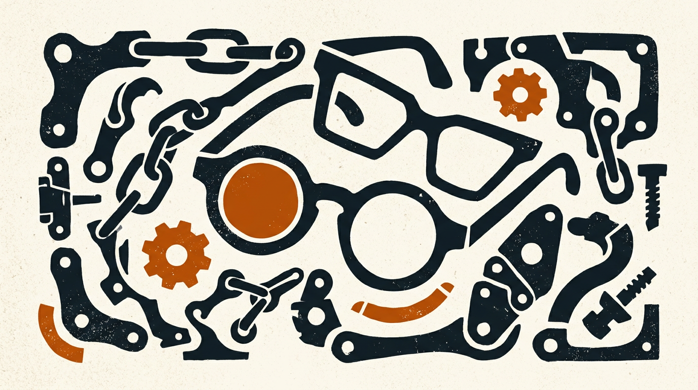 Abstract editorial illustration showing stylized smart glasses and geometric hardware forms in deep charcoal and burnt orange on an off-white background.