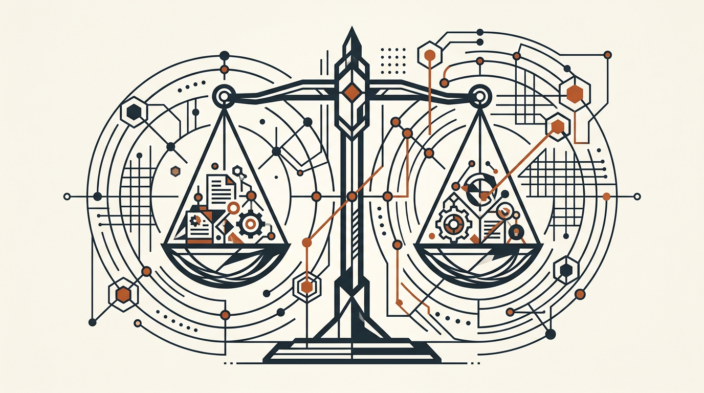 Abstract editorial illustration showing geometric balance shapes and connectivity nodes in deep charcoal and burnt orange on a warm off-white background.