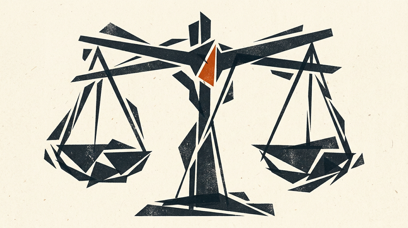 Abstract geometric print illustrating legal balance scales in charcoal and burnt orange.