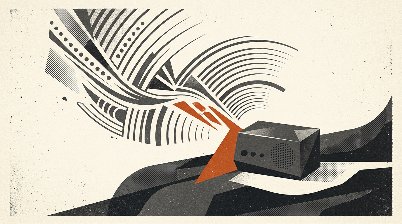 Abstract geometric illustration of a tabletop speaker emitting sound waves in charcoal and burnt orange