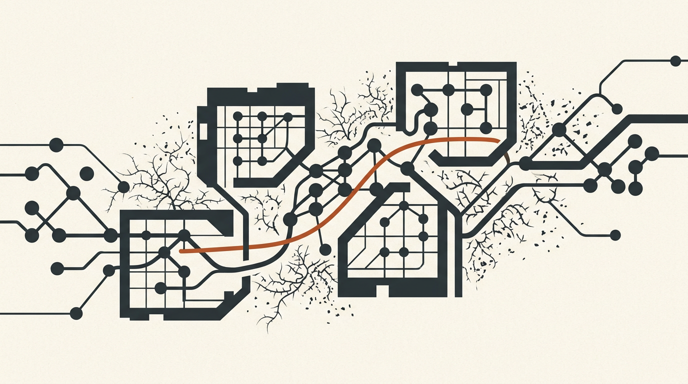 Abstract vector art showing digital nodes and containment lines in charcoal and burnt orange on an off-white background.