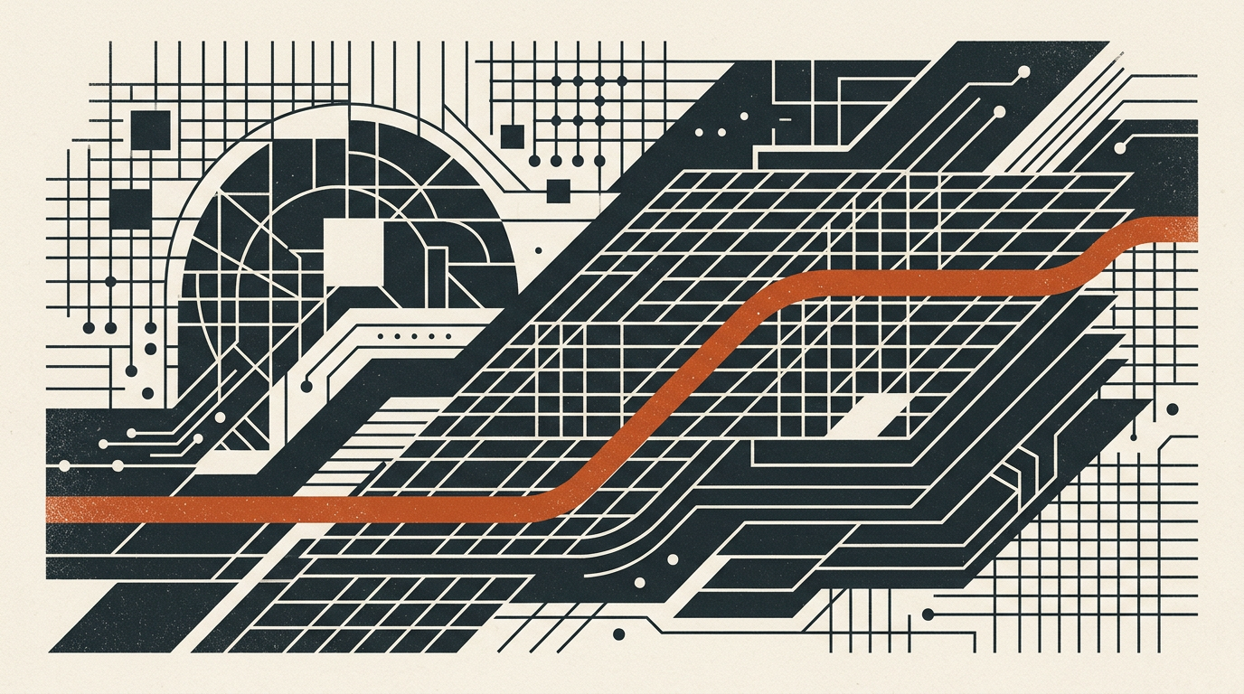 Abstract vector illustration of silicon memory chips rendered in charcoal and burnt-orange on an off-white background.