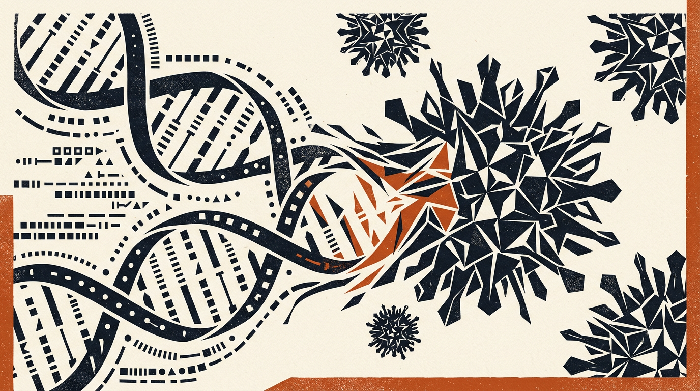 Abstract editorial illustration of dark geometric viral shapes and DNA strands against a light background with a burnt-orange accent.