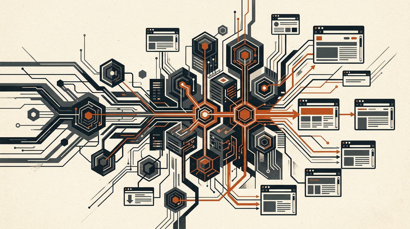 Abstract vector art illustrating digital network nodes, browser outlines, and data pathways in charcoal and burnt orange.