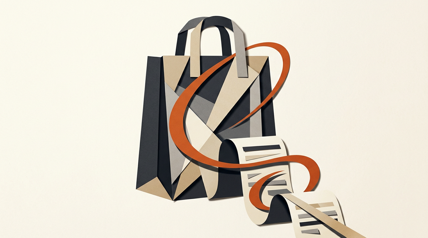 Abstract geometric shape composition with charcoal and burnt-orange accents on an off-white background.