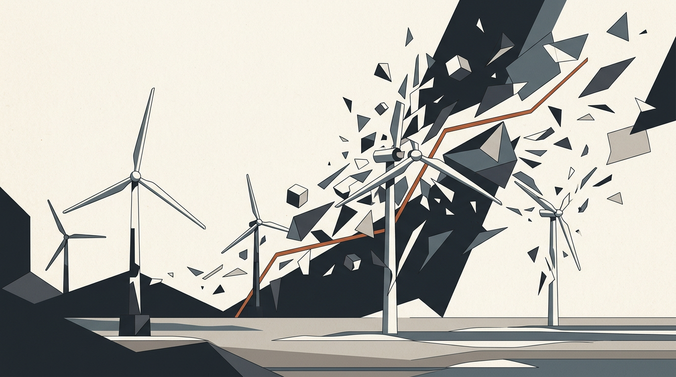 Abstract vector illustration of wind turbines dissolving into deep charcoal and burnt orange geometric shapes.
