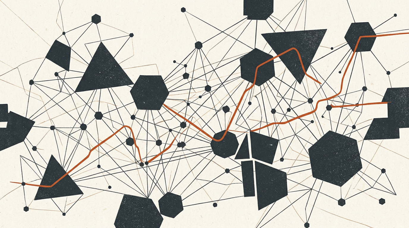 Abstract vector artwork depicting interconnected charcoal geometric nodes with a single burnt-orange connection line on an off-white background.
