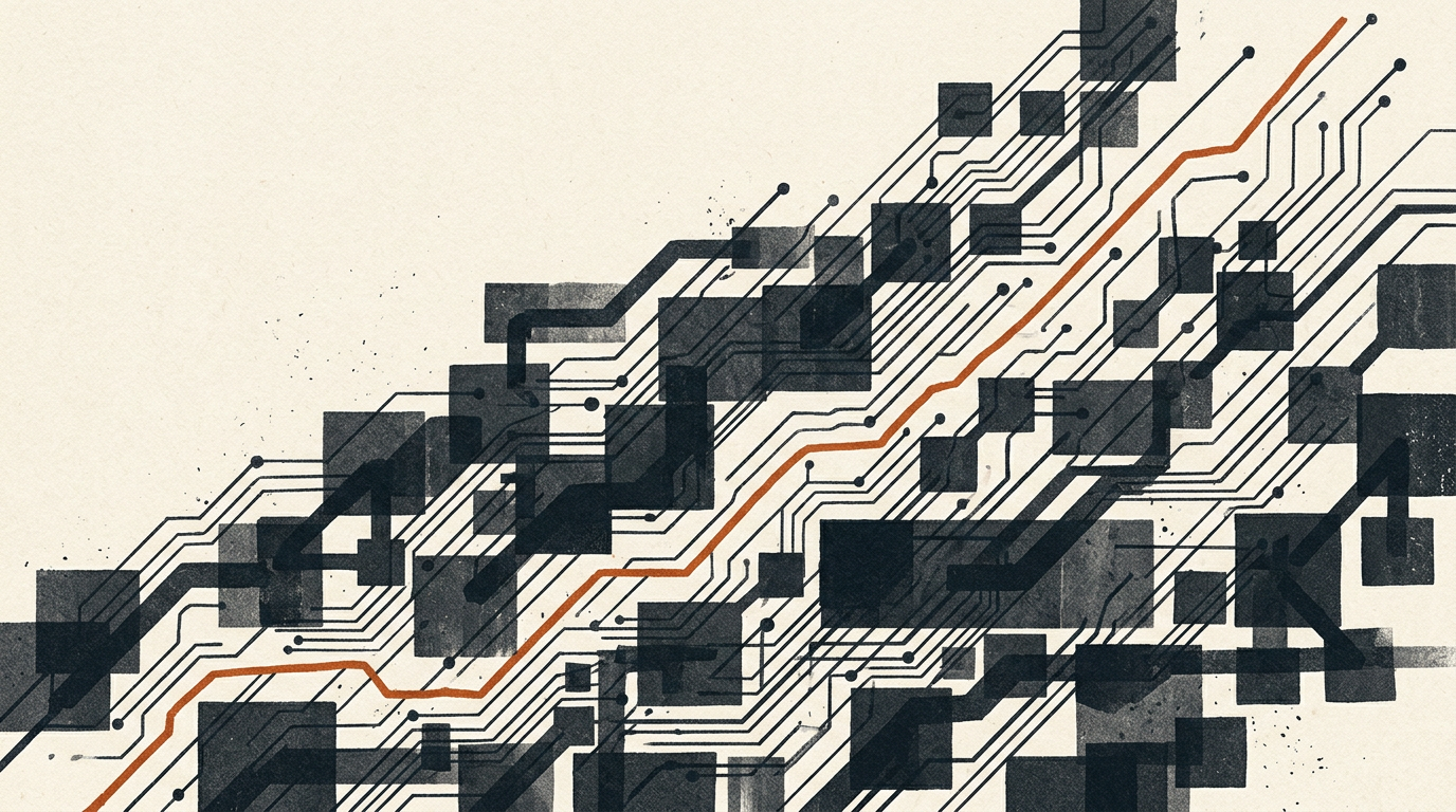 An abstract vector illustration showing charcoal geometric blocks and a burnt-orange line against an off-white background