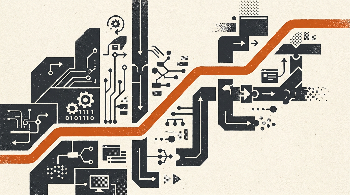 Abstract editorial illustration with charcoal geometric blocks and a burnt-orange line on a warm off-white background.