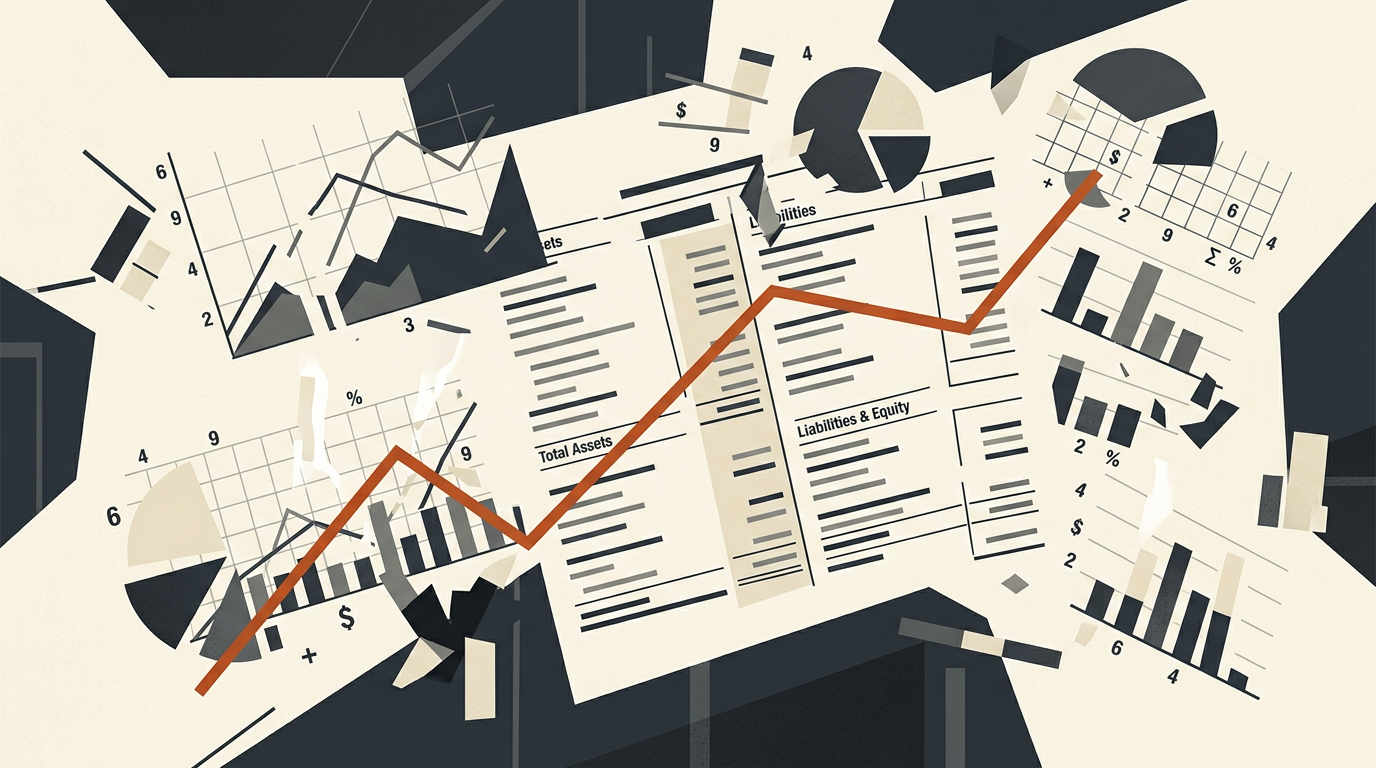 Abstract illustration of incomplete charts and floating geometric shapes in charcoal and burnt orange