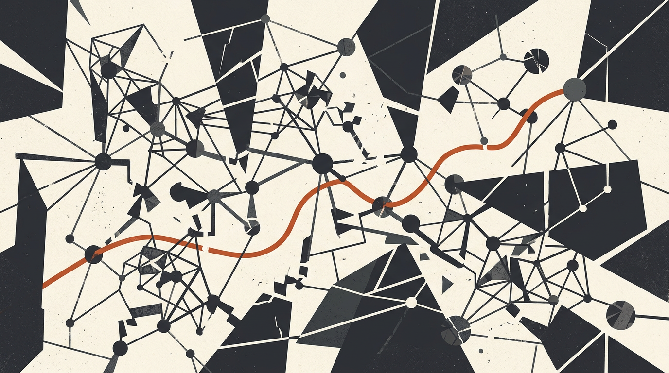 Abstract vector artwork of interconnected charcoal network blocks on an off-white surface with a single orange fracture line.
