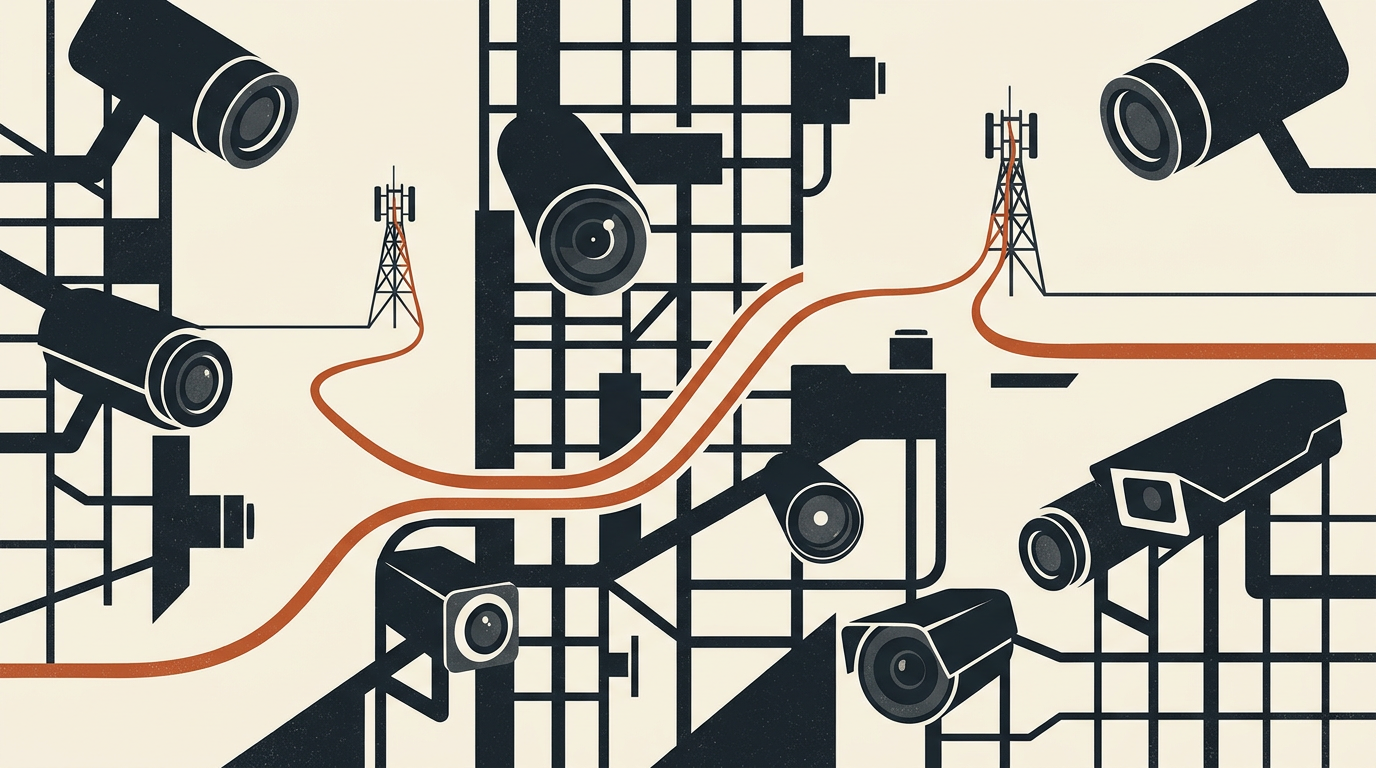 Abstract vector illustration featuring charcoal camera lenses and connected network lines on a light off-white background with orange accents