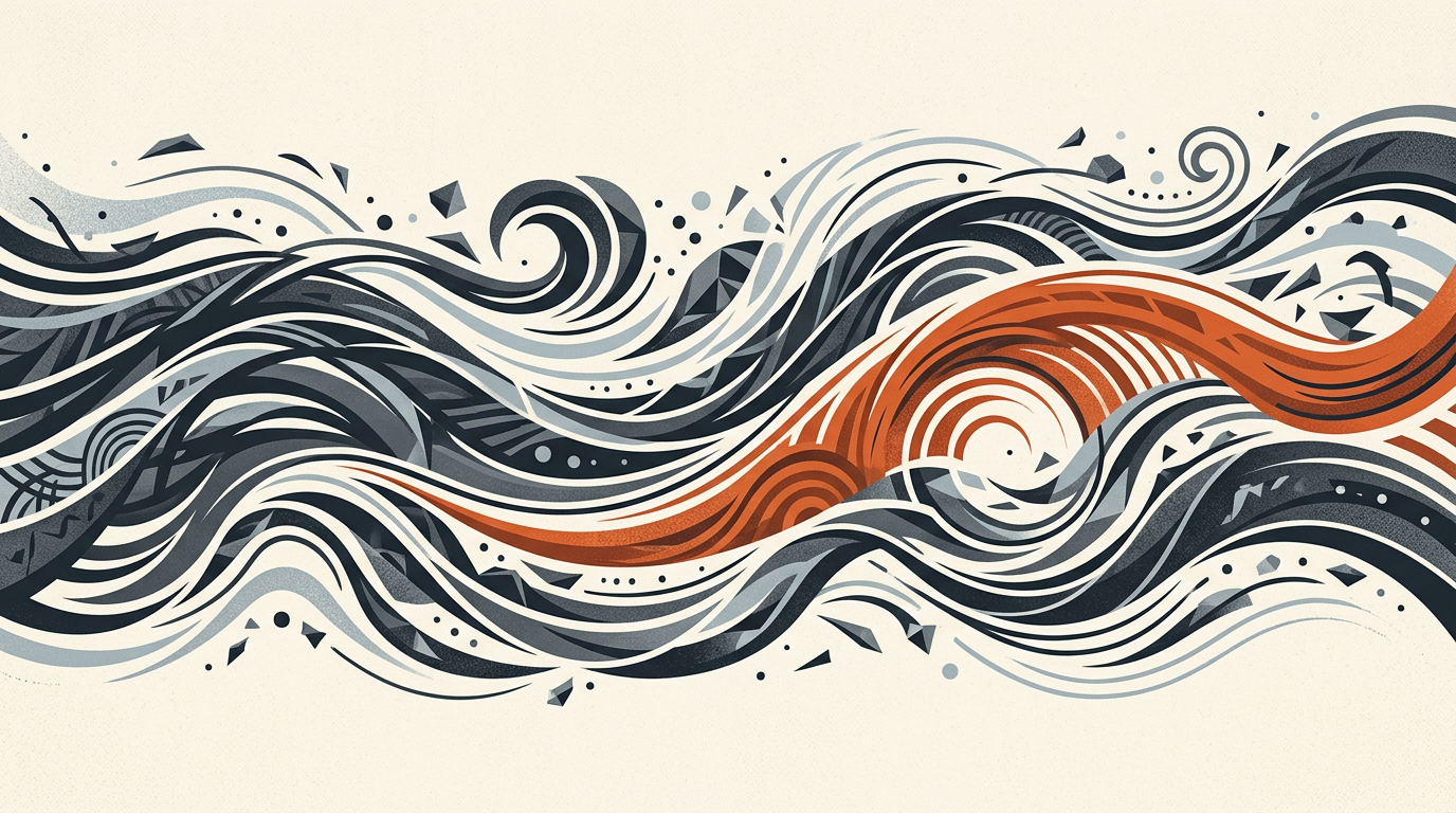 Abstract editorial illustration of dark charcoal weather patterns and a burnt orange vector stream on an off-white background.