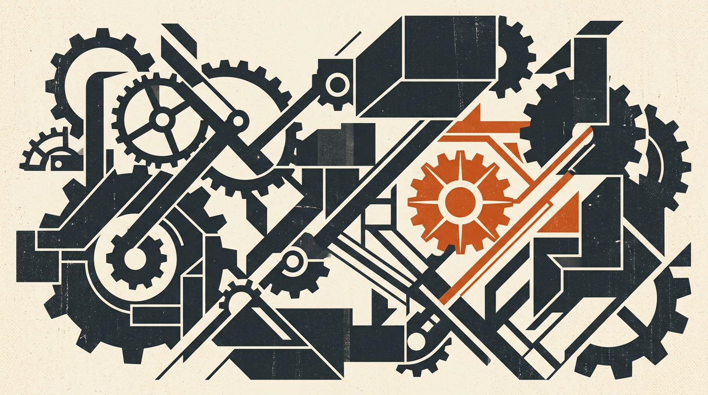 Abstract geometric blocks shifting positions in deep charcoal and burnt orange on an off-white background