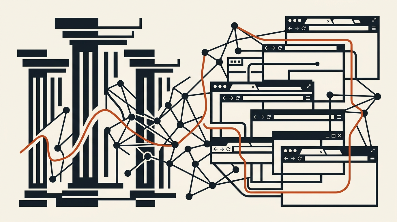 Abstract geometric shapes suggesting legal structures and interconnected tech networks in charcoal and burnt orange on an off-white background.