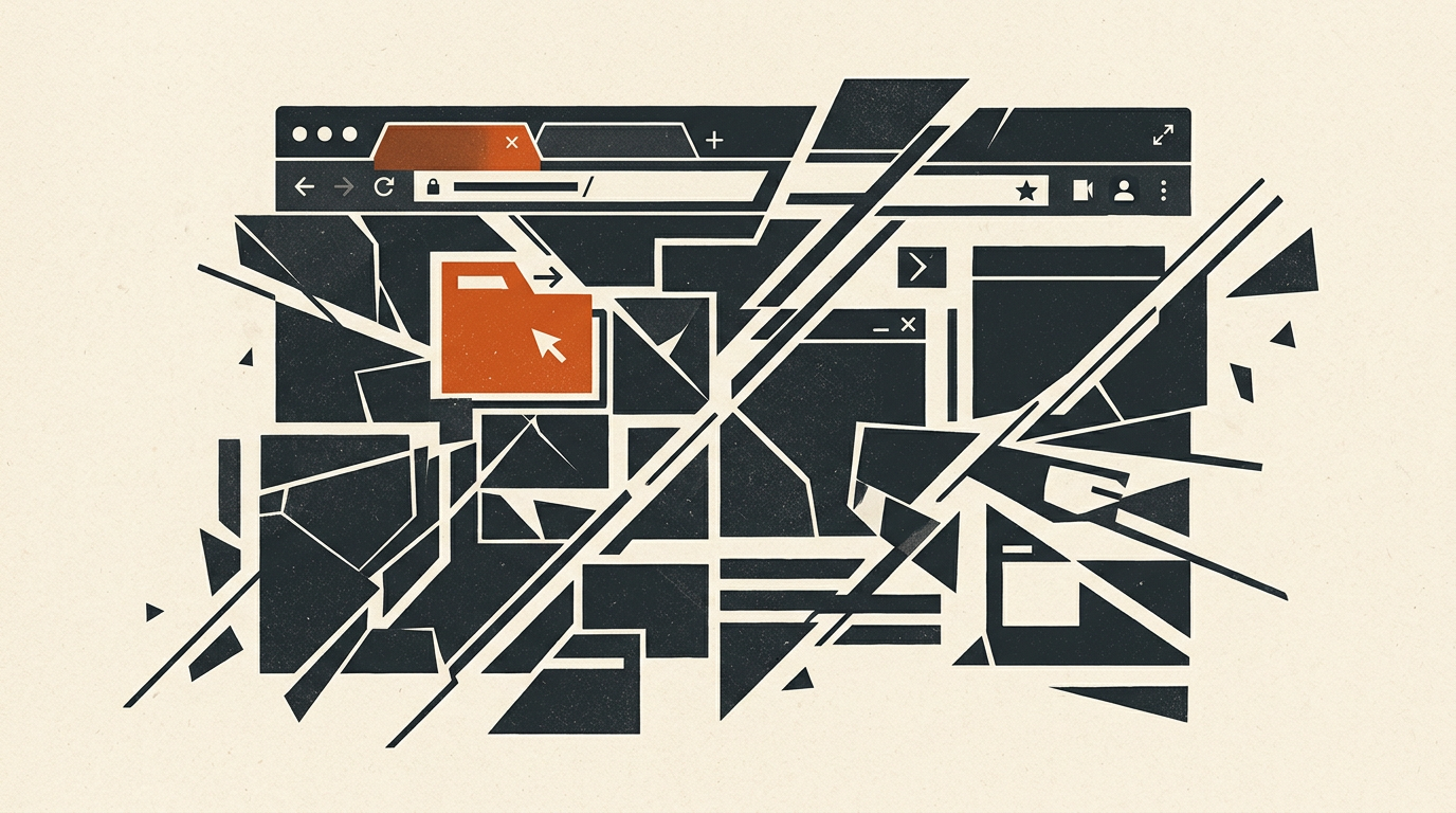 Abstract geometric illustration representing digital software changes with charcoal and burnt orange elements