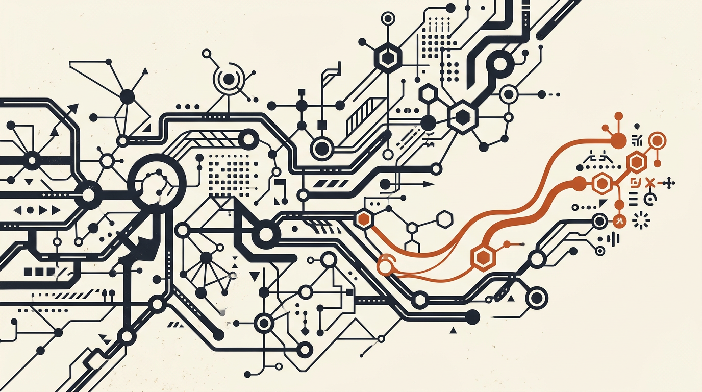 Abstract vector art showing connected network nodes in charcoal and burnt orange on an off-white background.