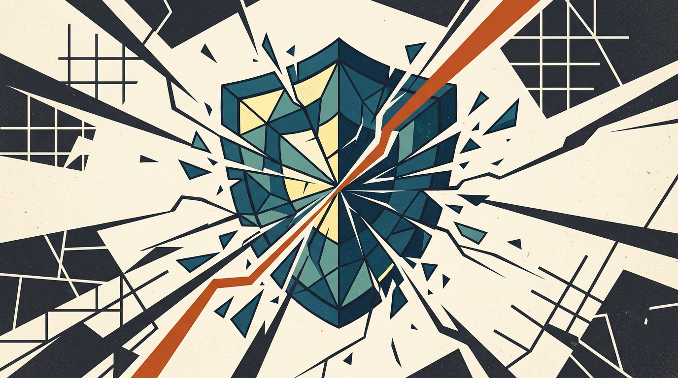 Abstract geometric illustration of a broken digital shield in charcoal and burnt orange.
