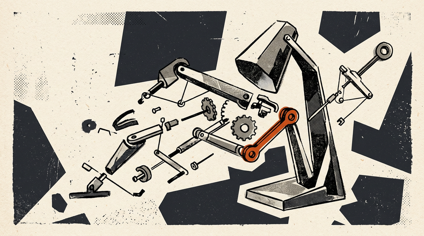 Abstract editorial vector art depicting mechanical components forming an animated tabletop smart speaker.