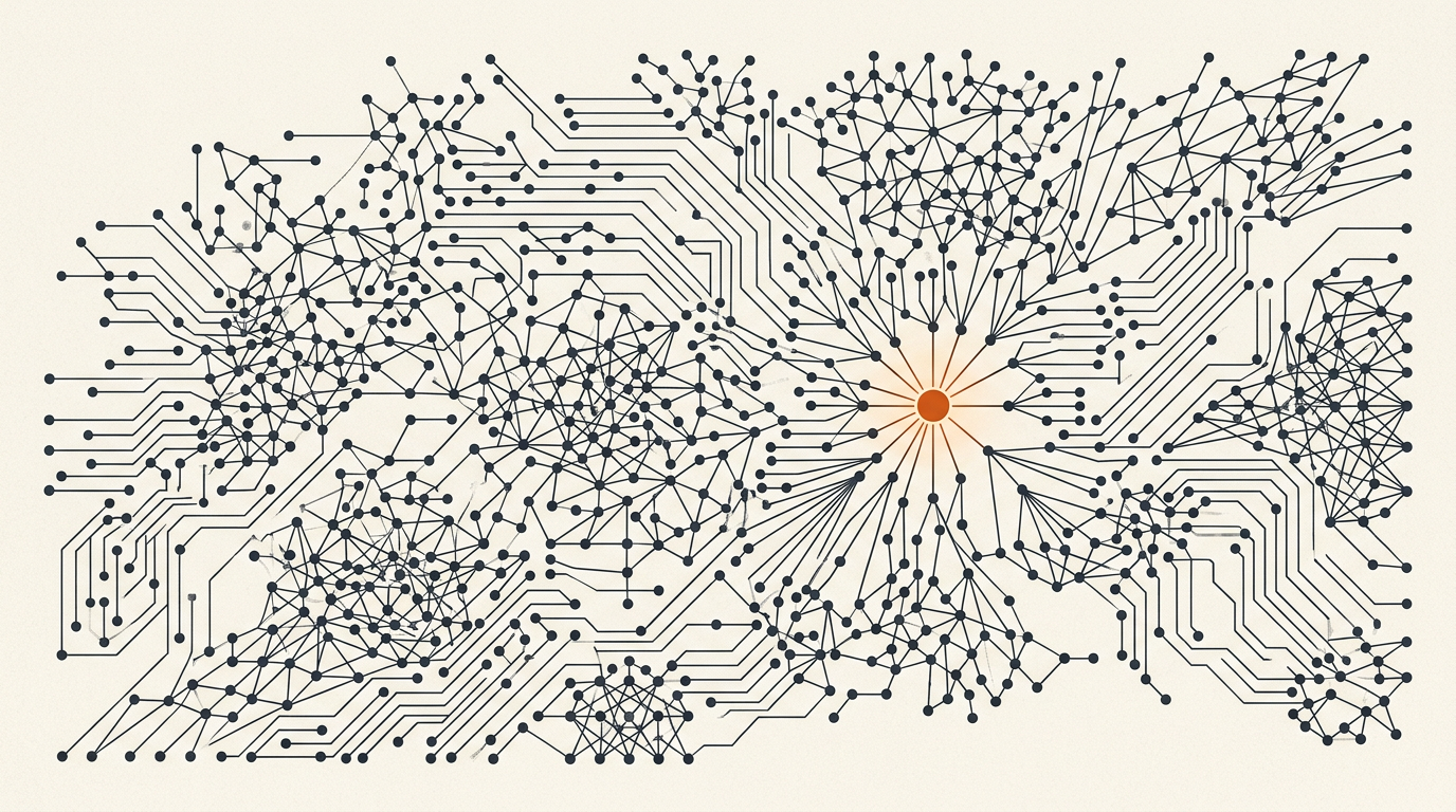 Abstract illustration of a vast charcoal and burnt-orange network on an off-white background.
