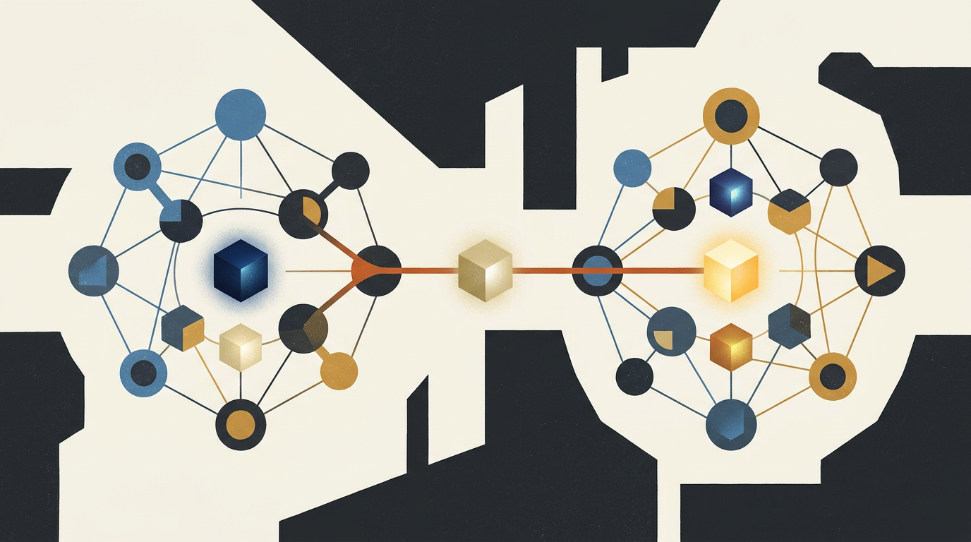 Minimalist abstract illustration of interconnected nodes representing shared memory across network agents.