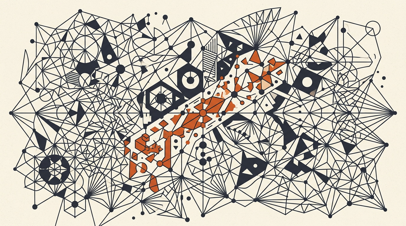 Abstract illustration of geometric mathematical nodes and lines in charcoal and burnt-orange on an off-white canvas.