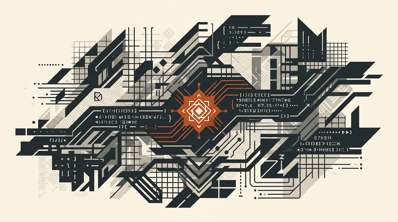 Geometric charcoal and orange shapes layered over an off-white background, depicting abstract digital tracking.