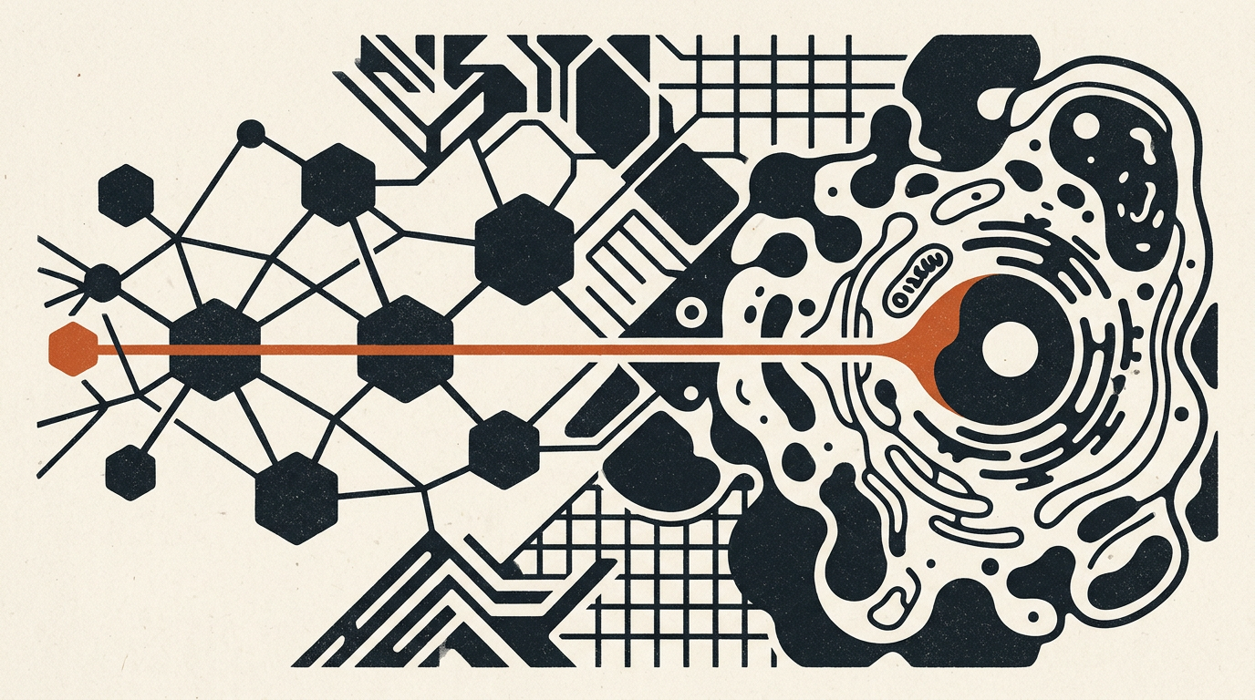 Abstract vector artwork depicting connected geometric networks and organic cell shapes in charcoal and burnt orange over an off-white background.