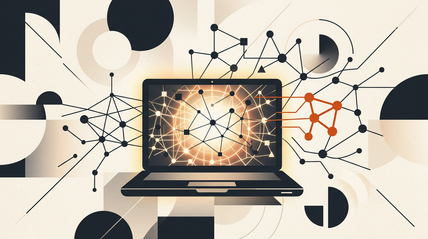 Abstract illustration of a remote computer connected to network nodes in charcoal and burnt orange on a light background