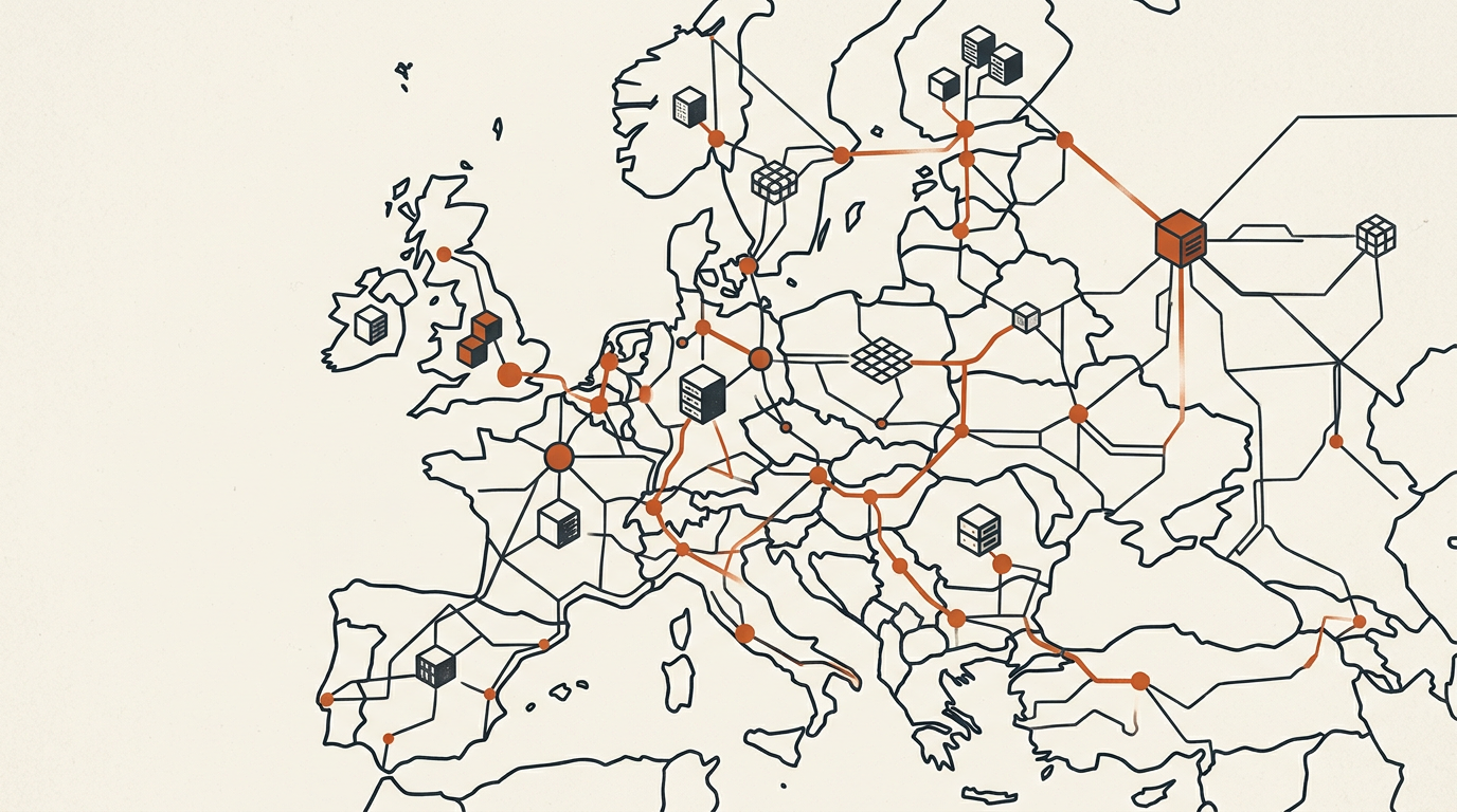 Minimalist vector illustration depicting geometric cloud server nodes and power infrastructure.