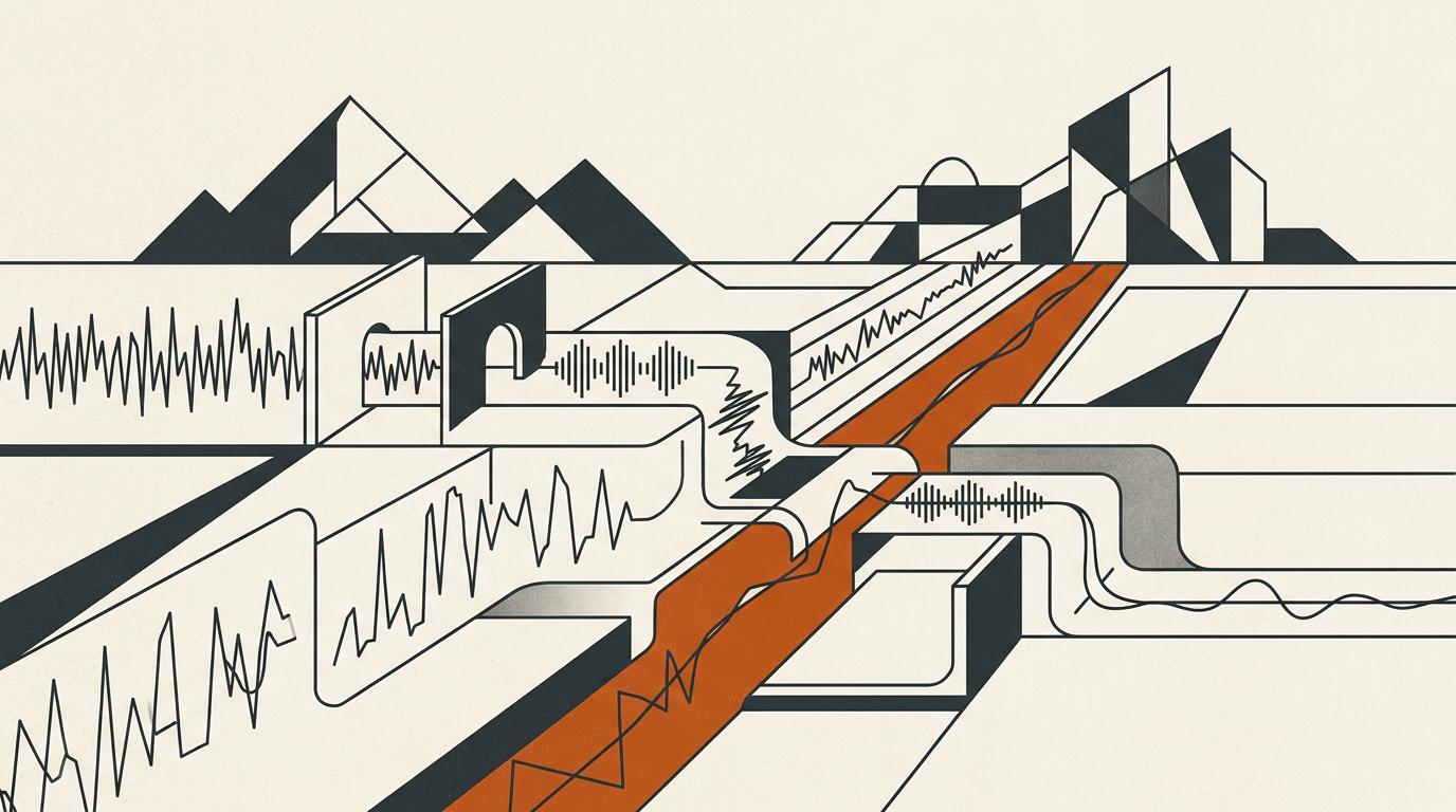 Minimal abstract vector artwork showing stylized sound waves and partitioned channels in dark charcoal and burnt orange over an off-white background.