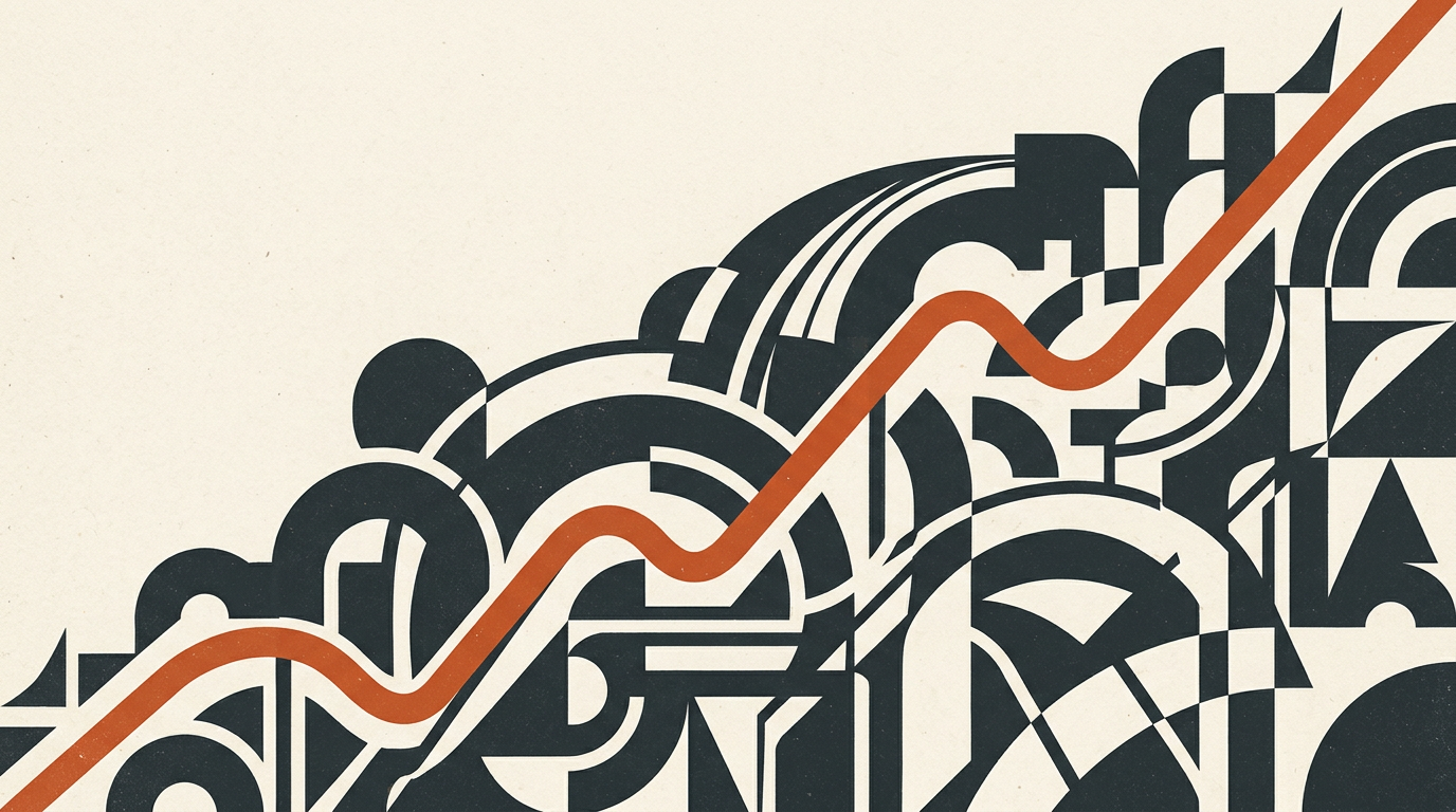 An abstract vector illustration featuring charcoal geometric shapes and a single burnt-orange line curving upward on a warm off-white background.