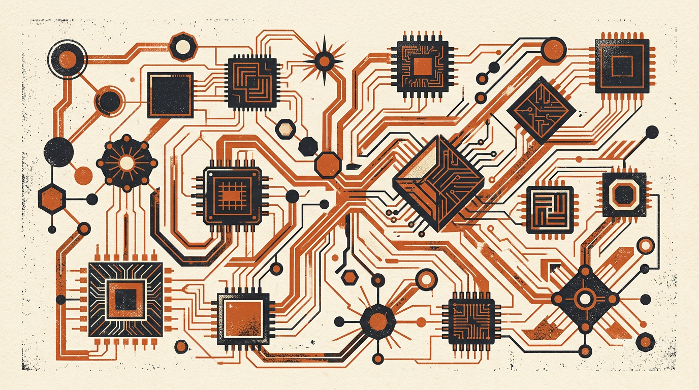 An abstract vector illustration featuring charcoal network lines and a burnt-orange silicon chip motif on a warm off-white background.
