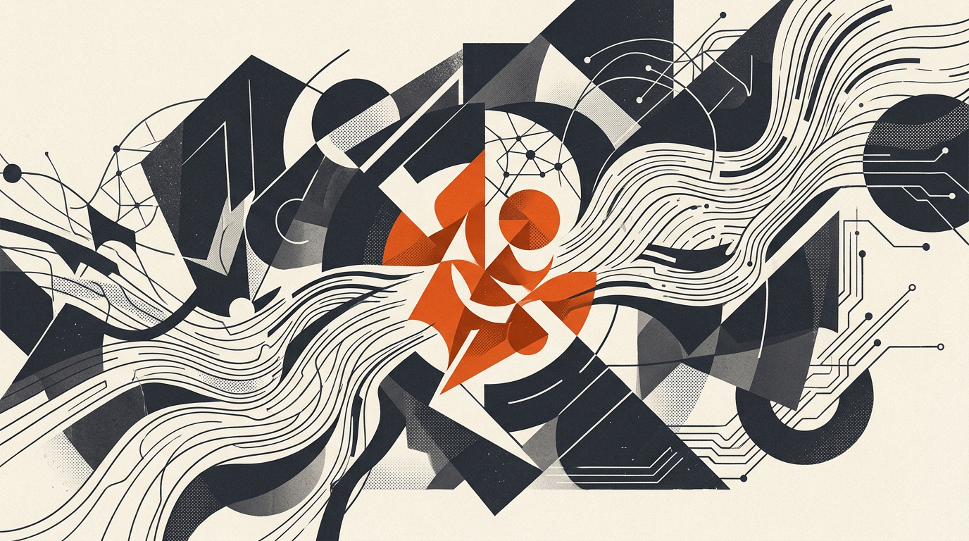 Abstract vector illustration with geometric shapes on an off-white background with charcoal and burnt-orange accents.