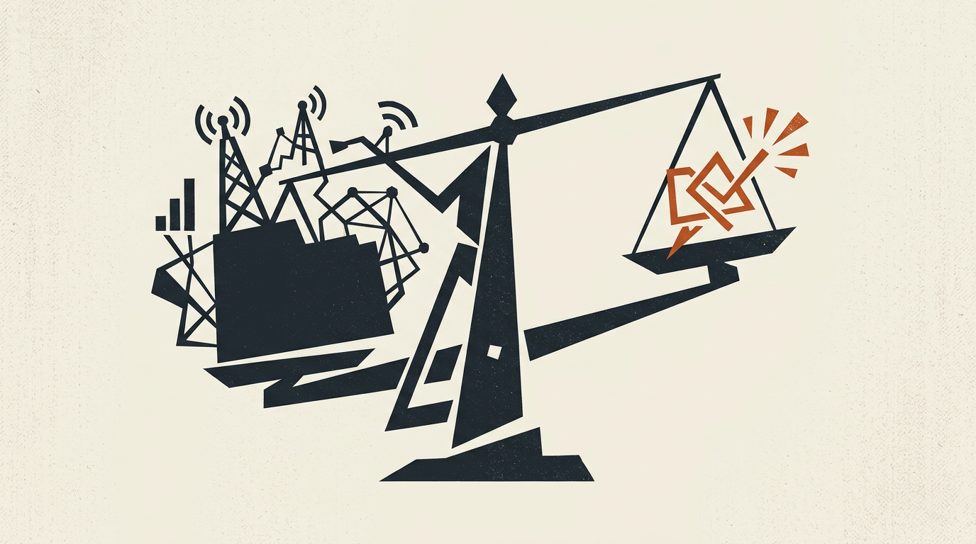 Abstract illustration of an unbalanced geometric scale in charcoal and burnt orange on a light background.