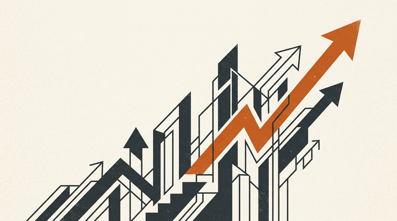 Minimalist abstract illustration showing geometric shapes climbing upward in dark gray and burnt orange