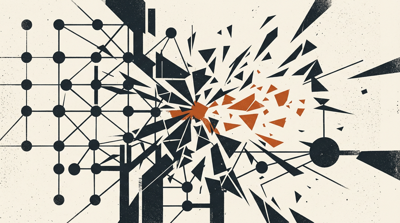 Abstract vector illustration of connected digital nodes breaking apart on a light textured background.