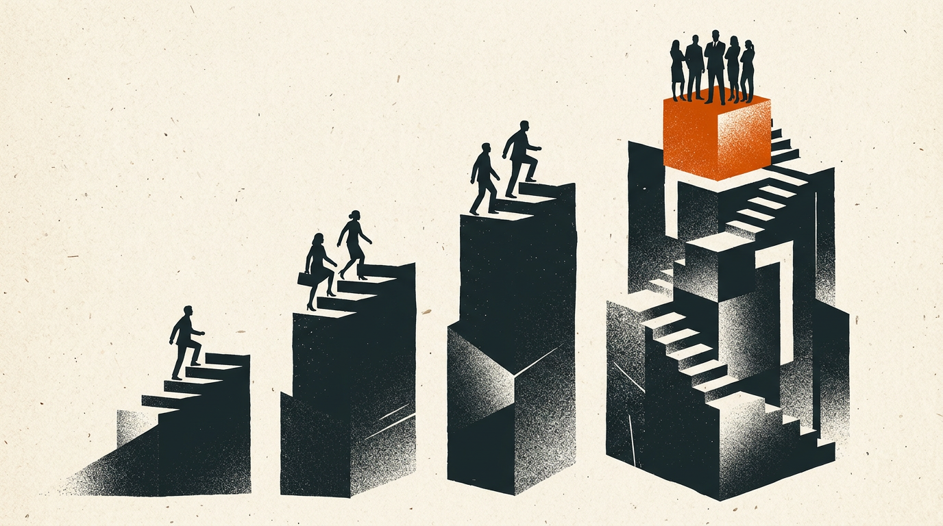 Abstract illustration featuring geometric charcoal and burnt-orange shapes on an off-white background.