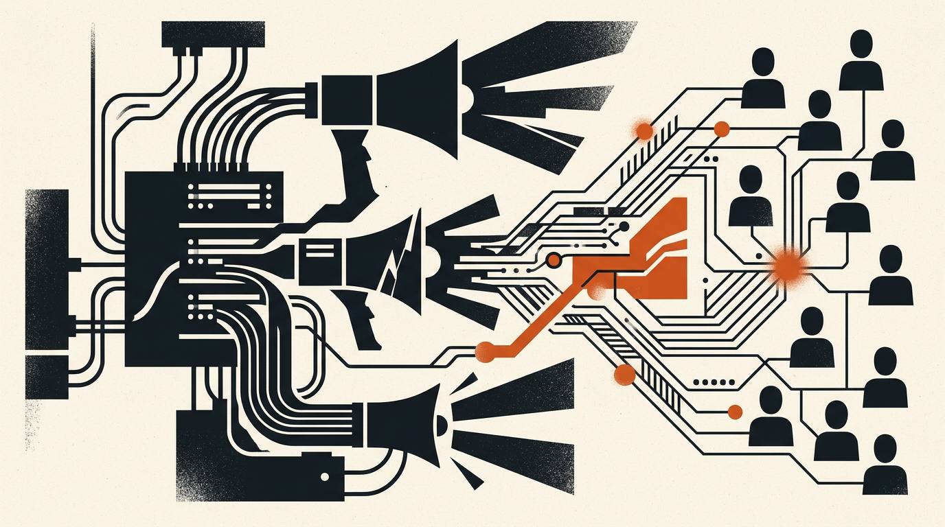 Abstract vector artwork depicting server rack silhouettes and broadcast waves in charcoal and burnt orange.