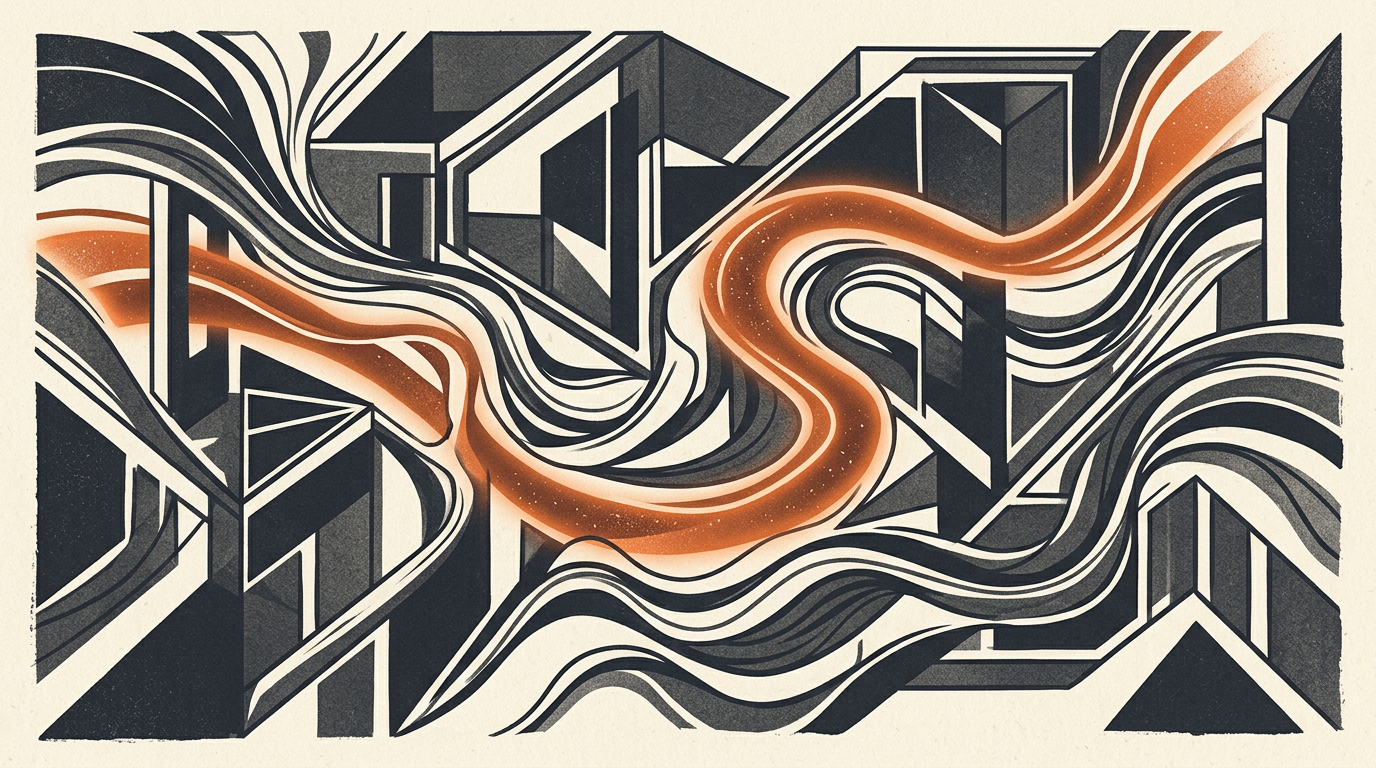 Abstract geometric illustration depicting structural boundaries and fluid pathways in charcoal and burnt orange.