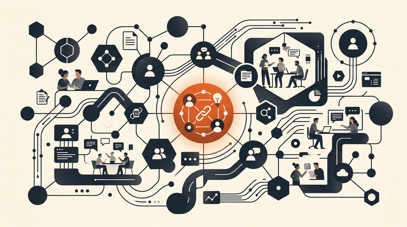 Abstract vector illustration featuring charcoal geometric shapes and a burnt orange accent on an off-white background.