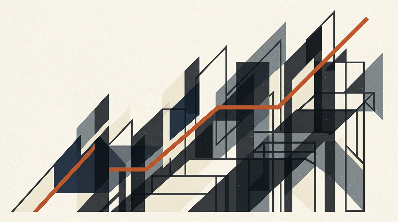 Abstract geometric illustration with charcoal and burnt-orange shapes on an off-white background.