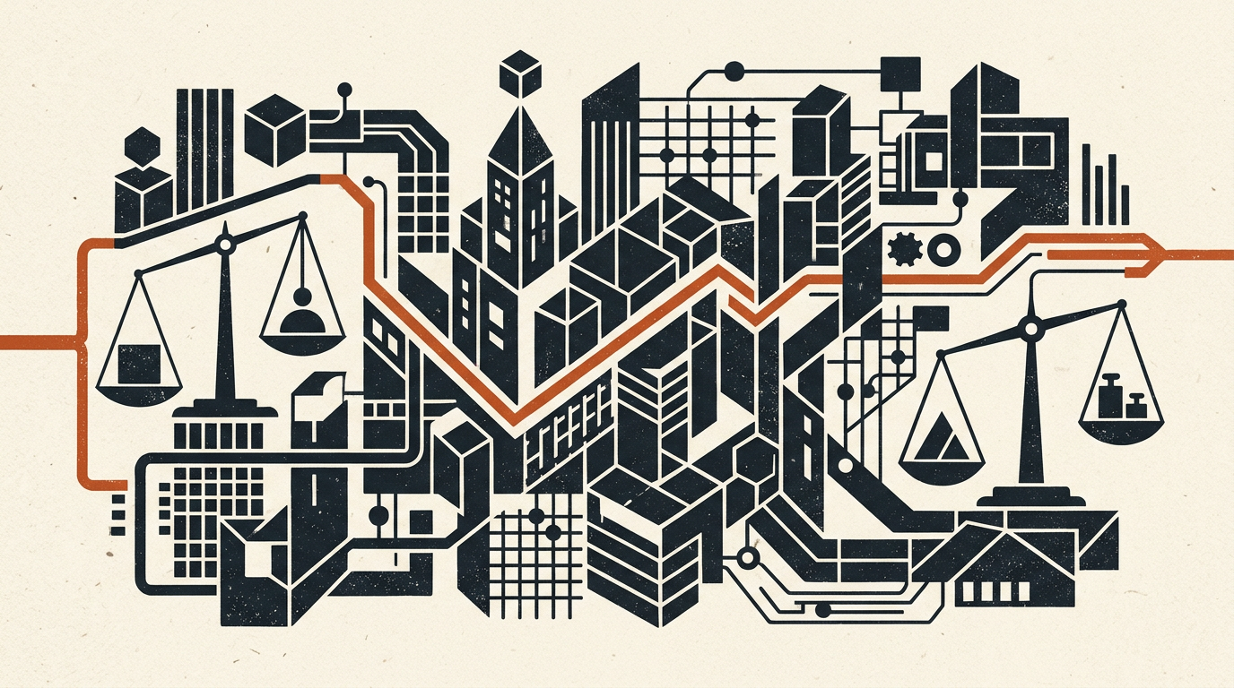 Abstract geometric illustration with charcoal shapes and a burnt-orange line on an off-white background.