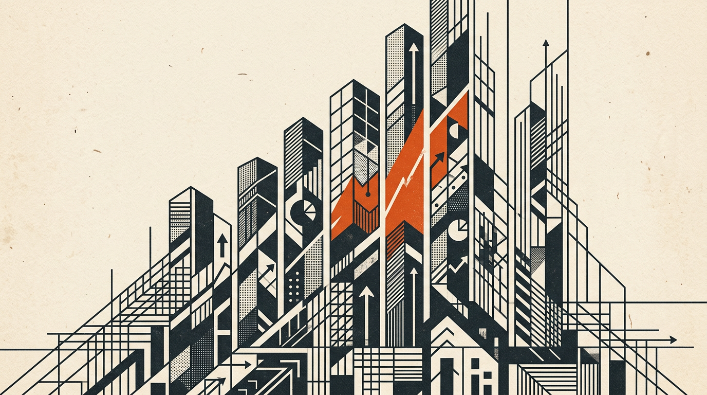 Abstract vector illustration of growing geometric financial pillars on an off-white background.